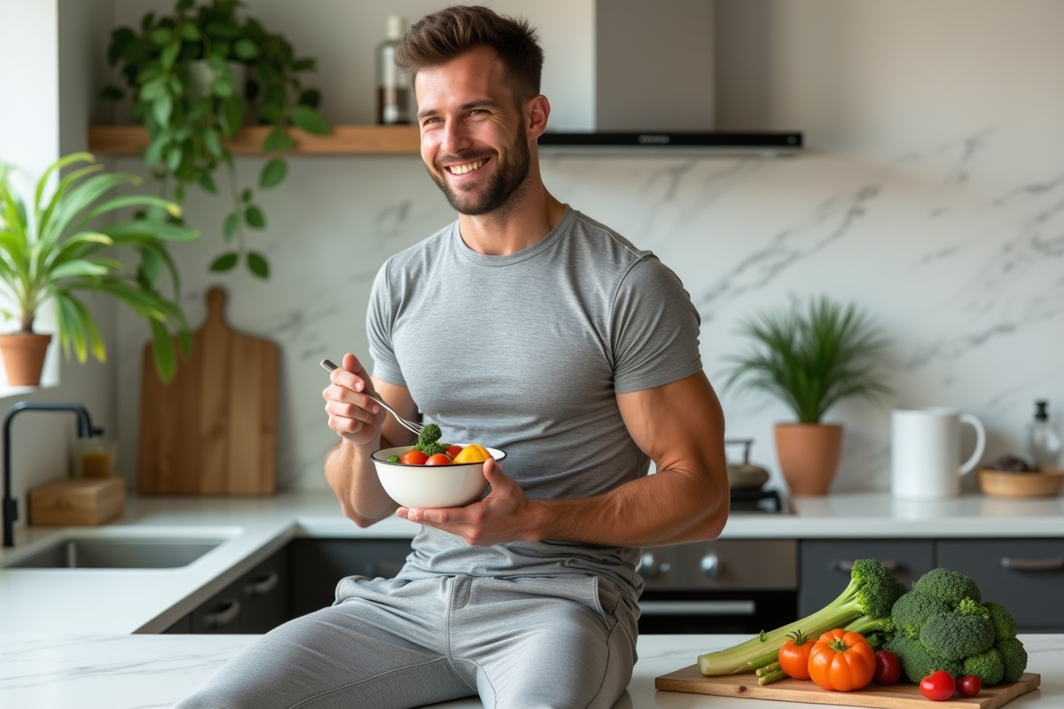 Homme sportif mangeant des vegetables frais dans la cuisine