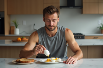 Jeune homme sportif mangeant des œufs durs et toast