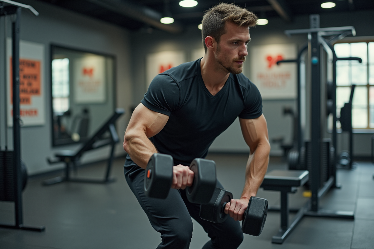 Jeune homme musclé faisant un curl avec haltère en salle de sport