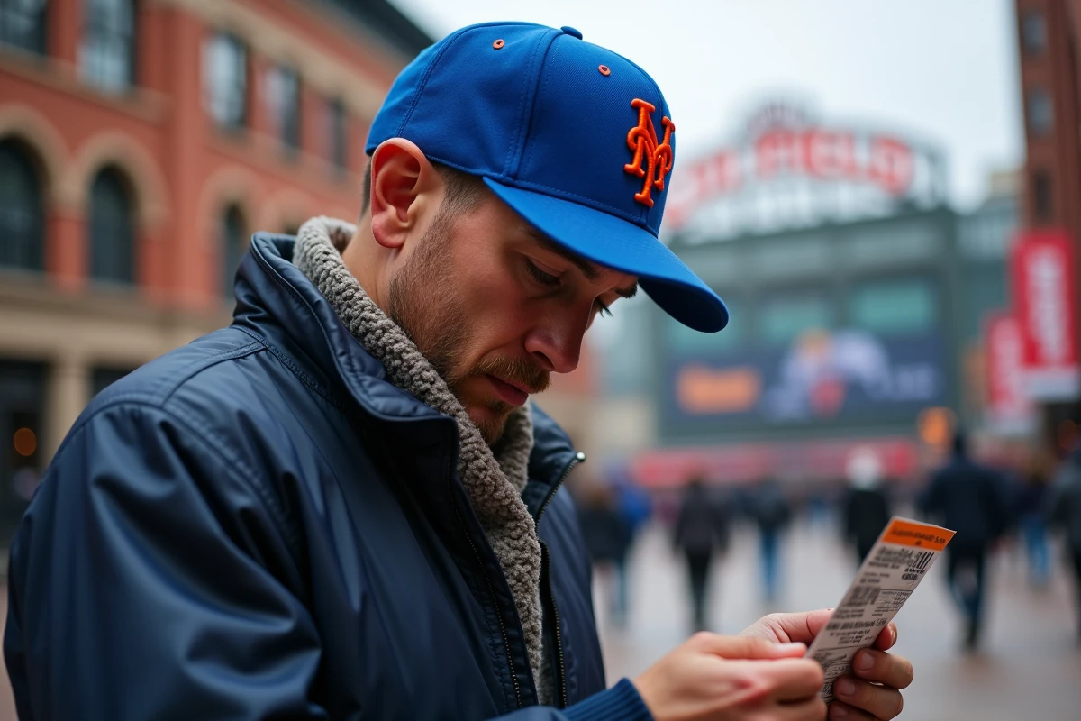 Homme avec casquette Mets examine son ticket au stade