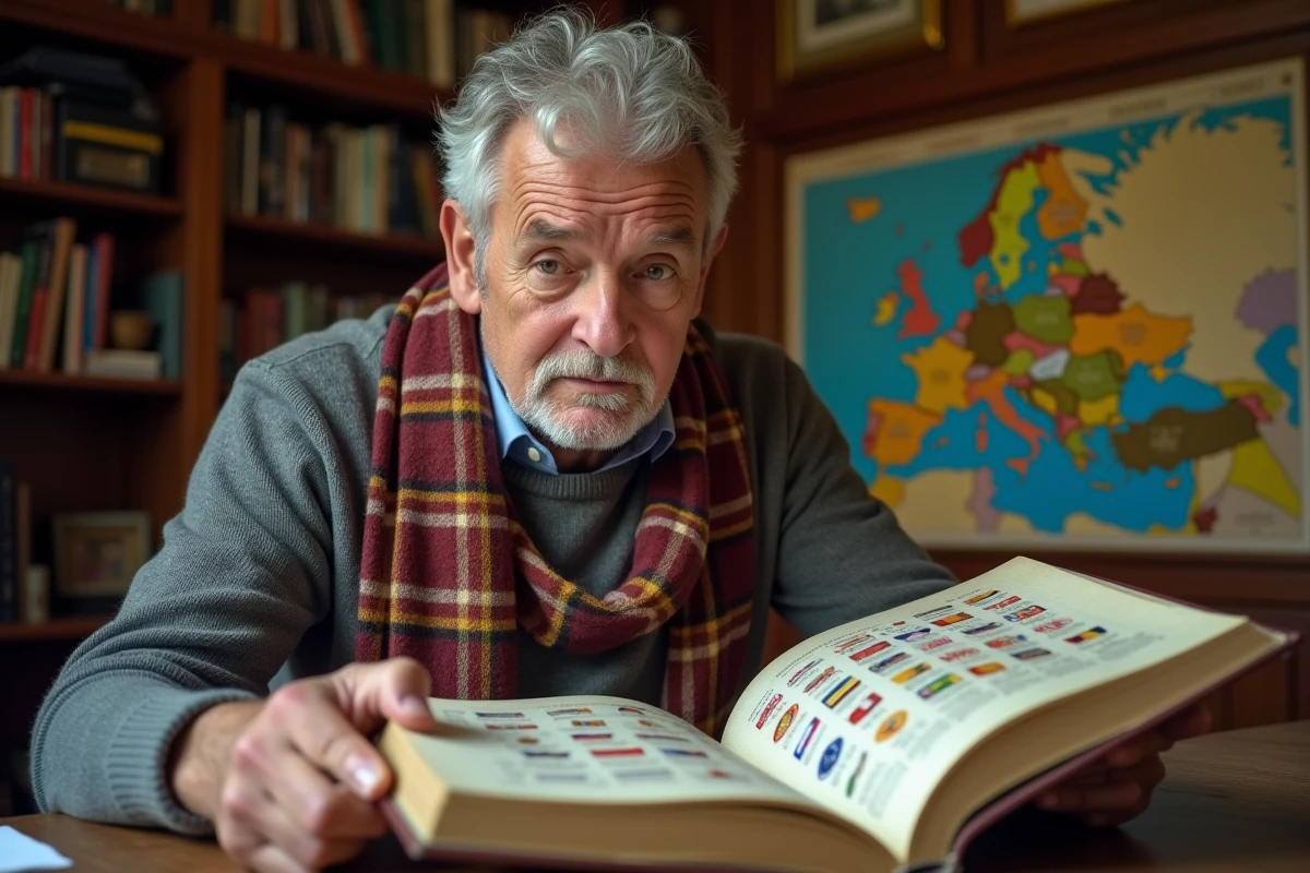 Homme d'âge moyen examinant un livre de logos de football