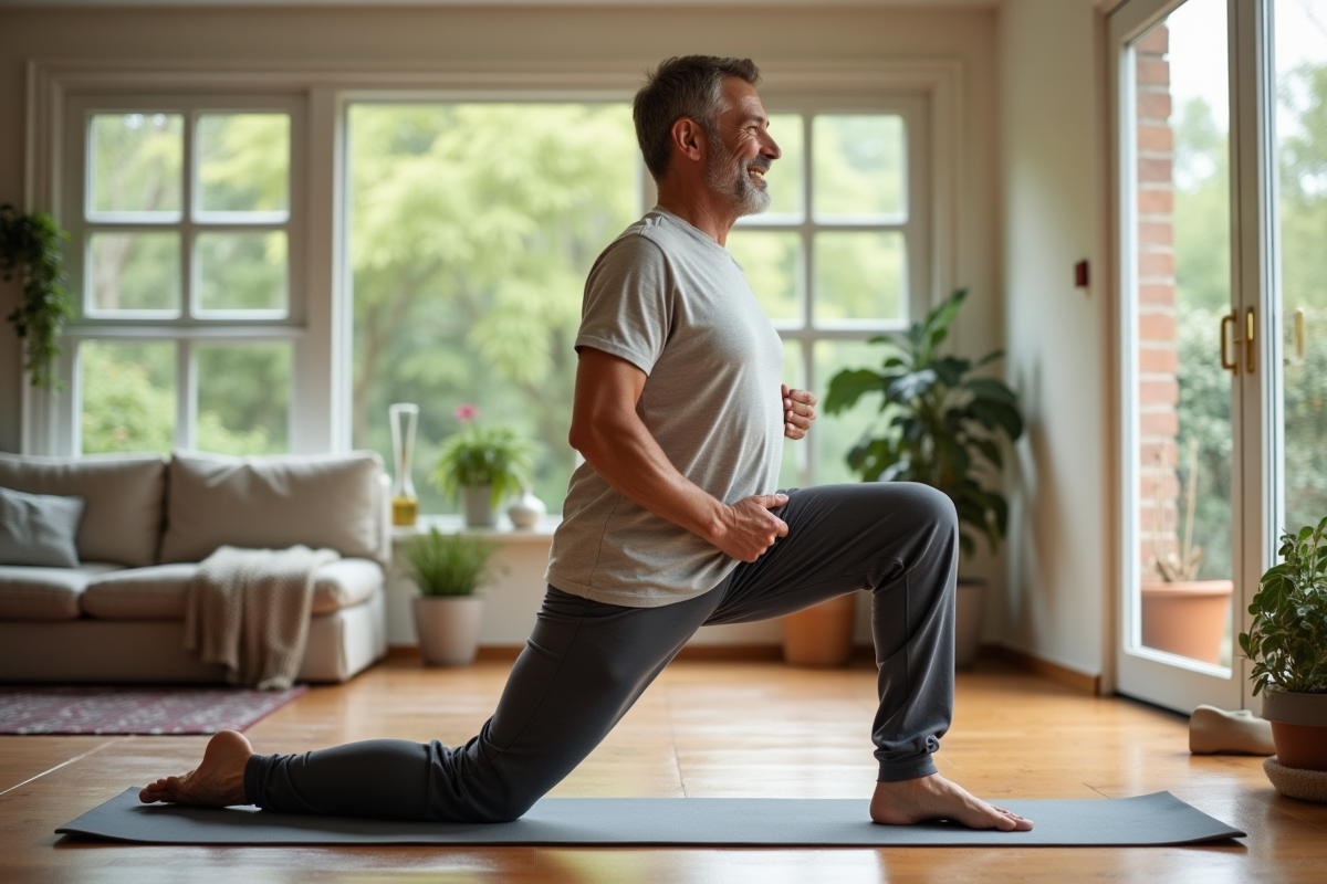 Homme en yoga dans une véranda lumineuse