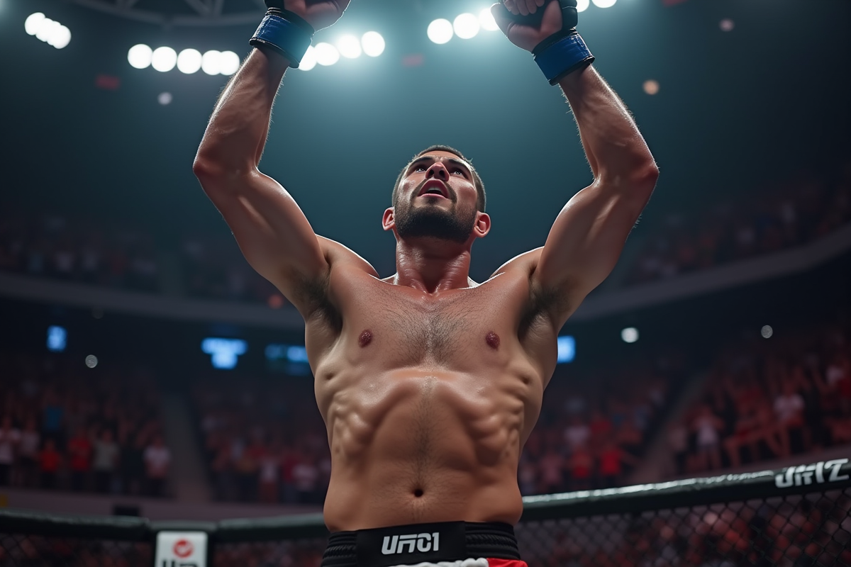 Ilia C célèbre sa victoire dans une cage MMA en levant les bras