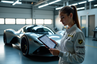 Jeune ingenieure en combinaison racing avec tablette digitale près d'une voiture futuriste
