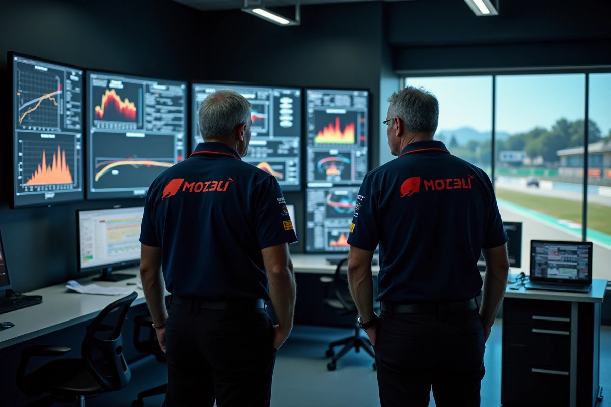Ingénieurs MotoGP analysant les données de vitesse et de performance d'une moto de course en 2026