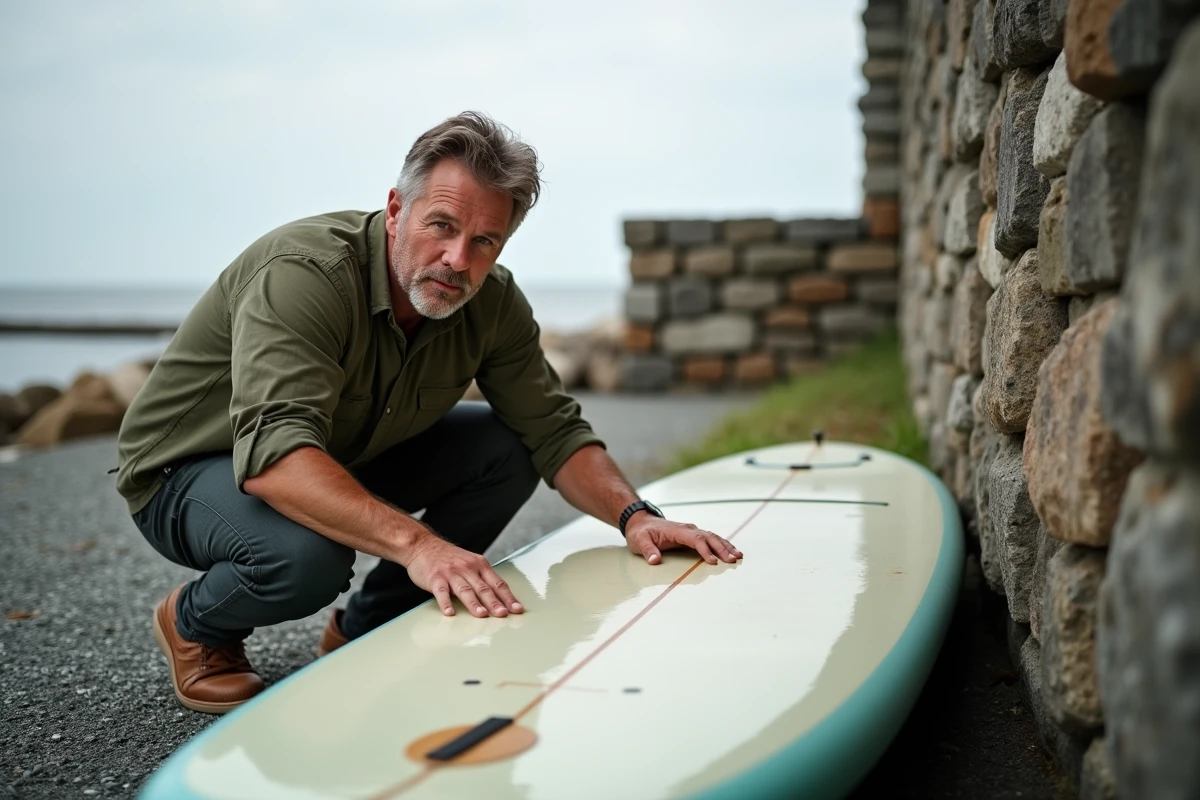 Homme inspectant la carène et le boîtier d'aileron d'un stand-up paddleboard rigide appuyé contre un mur en pierre au bord de la mer