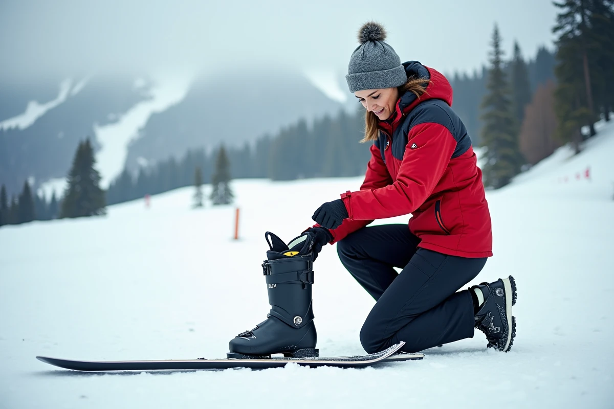 Monitrice de ski agenouillée sur la neige inspectant l'intérieur d'une chaussure de ski pour vérifier son ajustement et son rembourrage