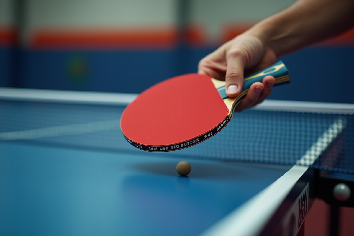 Joueur examinant la raquette de tennis de table avec outils en arrière-plan