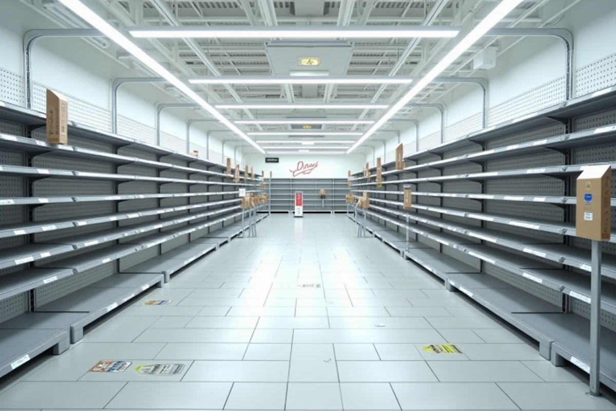 Intérieur vide d'un grand magasin de sport en liquidation avec rayonnages désertés et enseignes de soldes au sol