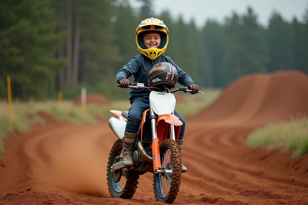Jeune garçon en équipement motocross souriant sur sa moto