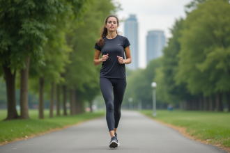 Jeune femme en tenue de sport en pause dans un parc urbain