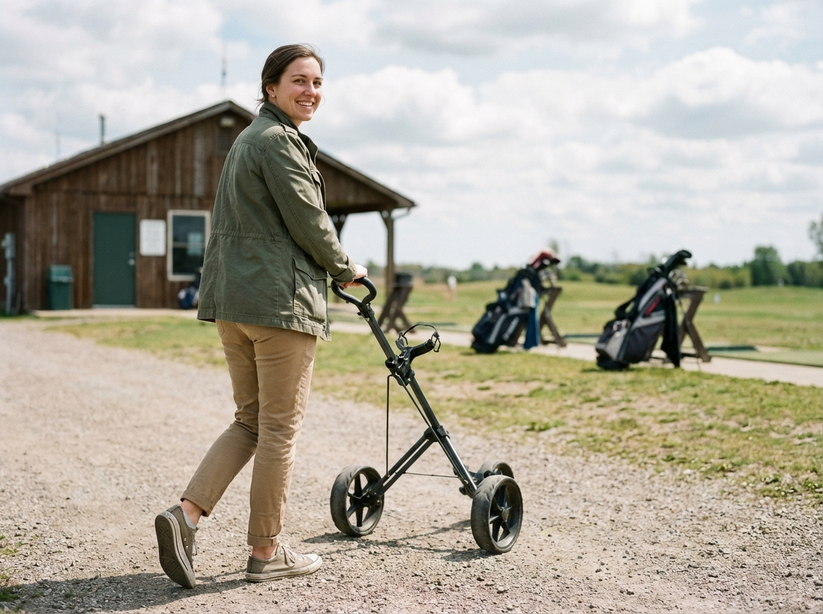 Jeune femme marchant avec un chariot de golf manuel sur le parcours