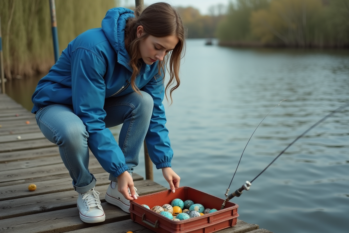 Jeune femme inspectant des flotteurs de pêche sur un pont en bois