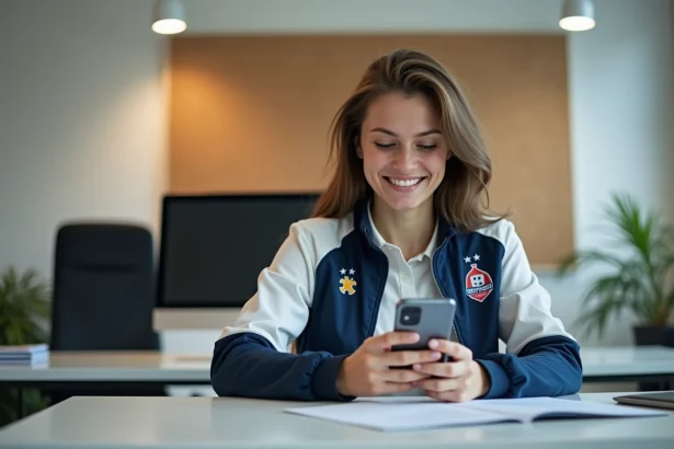 Jeune femme souriante vérifiant football sur smartphone