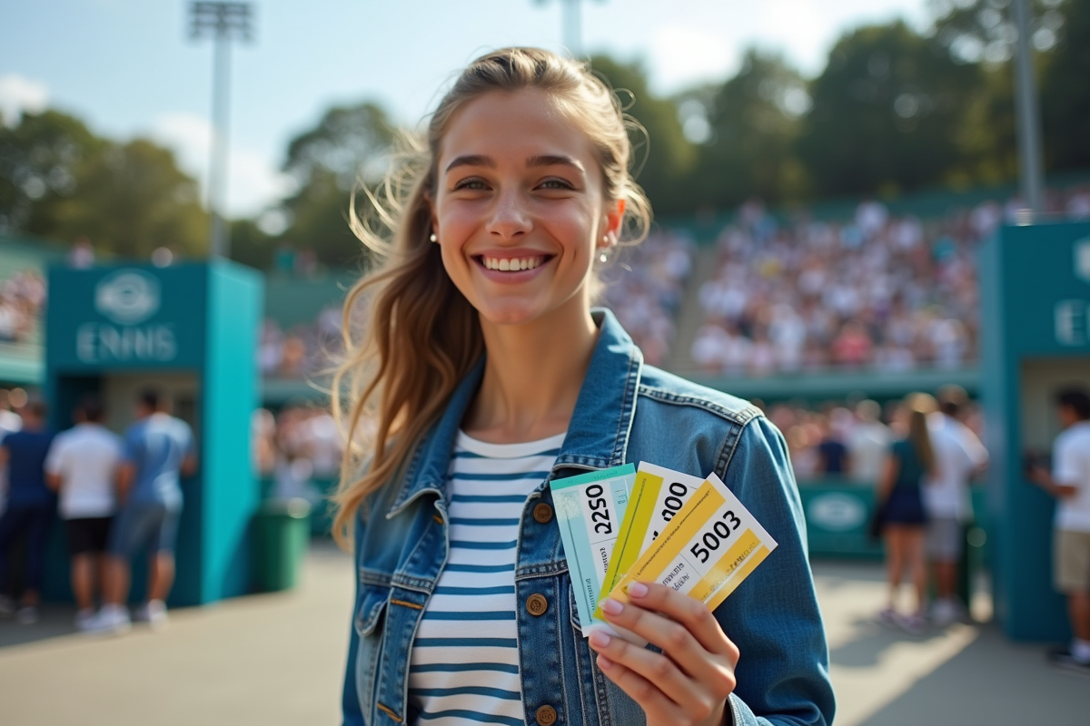 Jeune femme tenant tickets de tennis avec enthousiasme