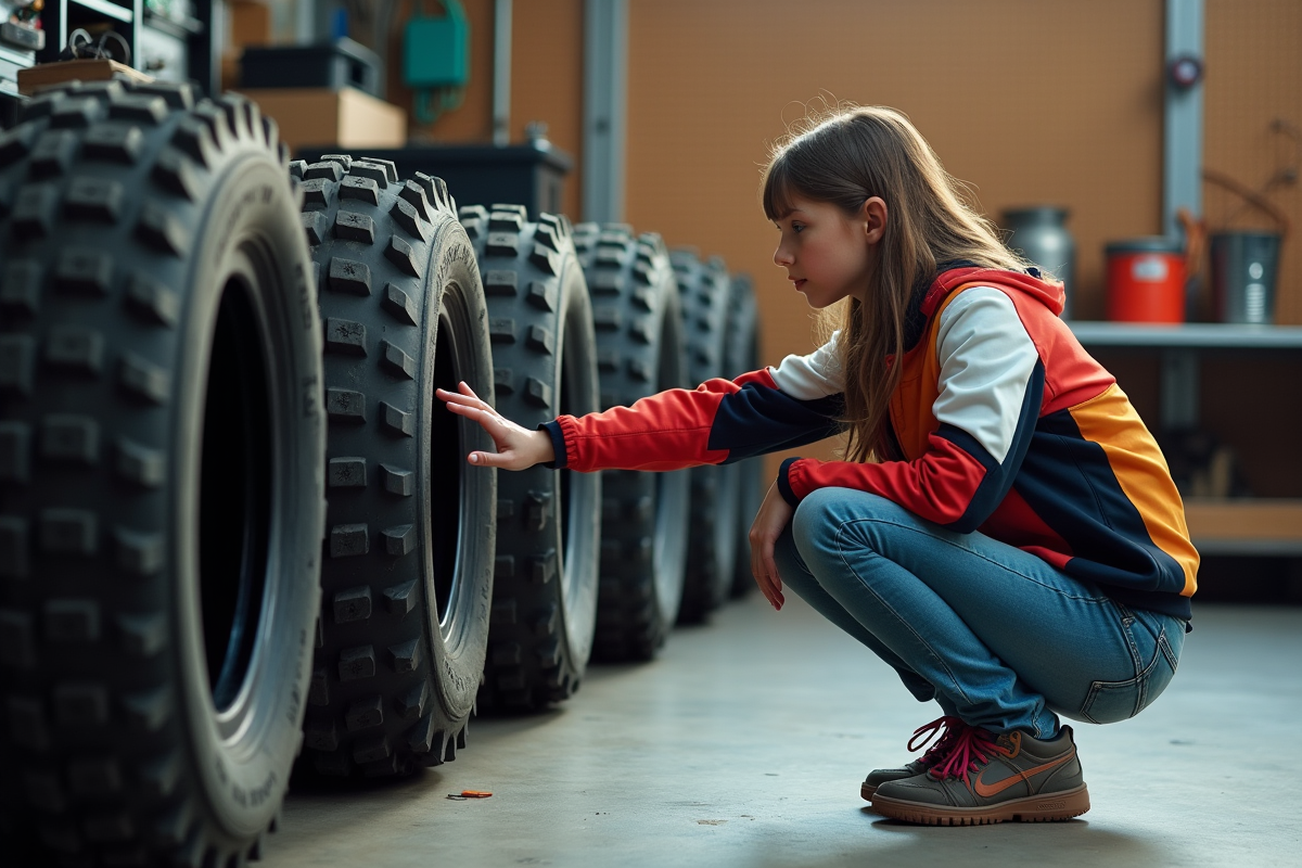 Adolescente inspectant une roue de dirt bike dans un atelier