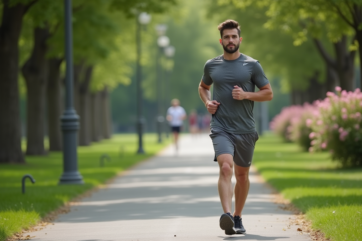 Jeune homme courant dans un parc urbain en plein air