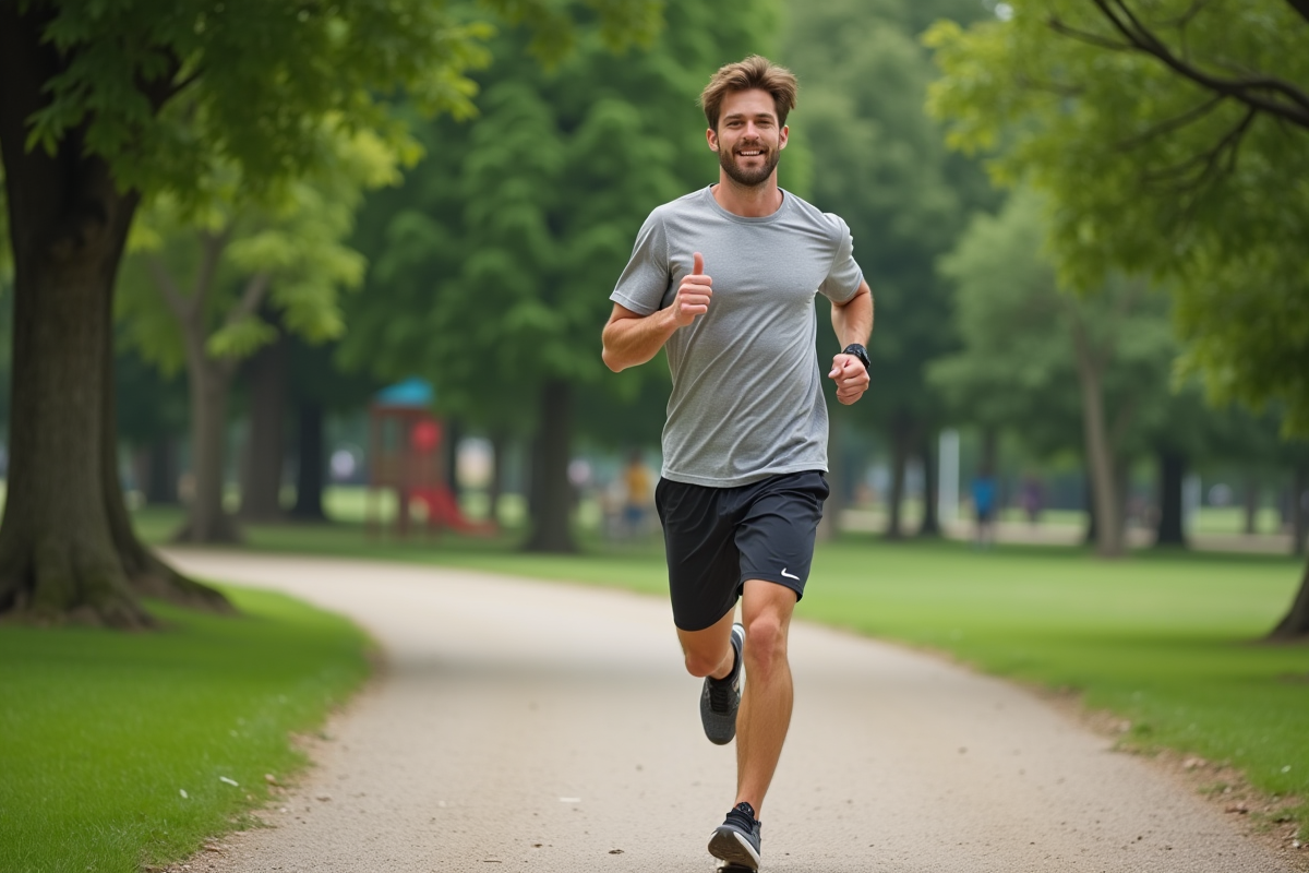 Jeune homme courant dans un parc verdoyant en extérieur