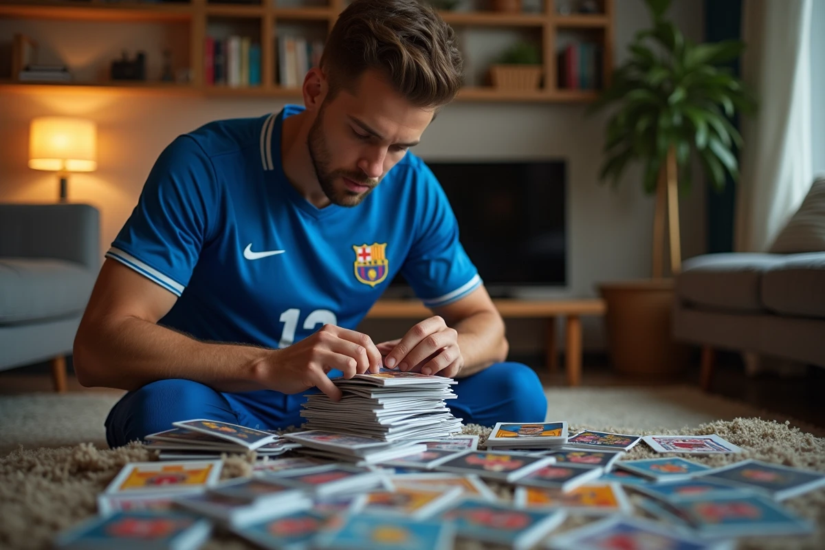 Jeune homme en maillot de football cherchant des cartes sportives