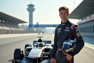 Jeune pilote en combinaison de course avec voiture de course
