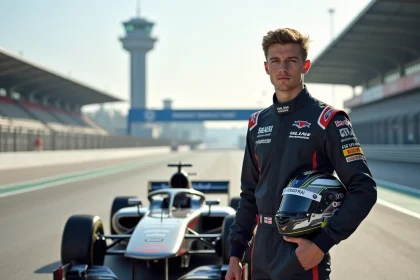 Jeune pilote en combinaison de course avec voiture de course