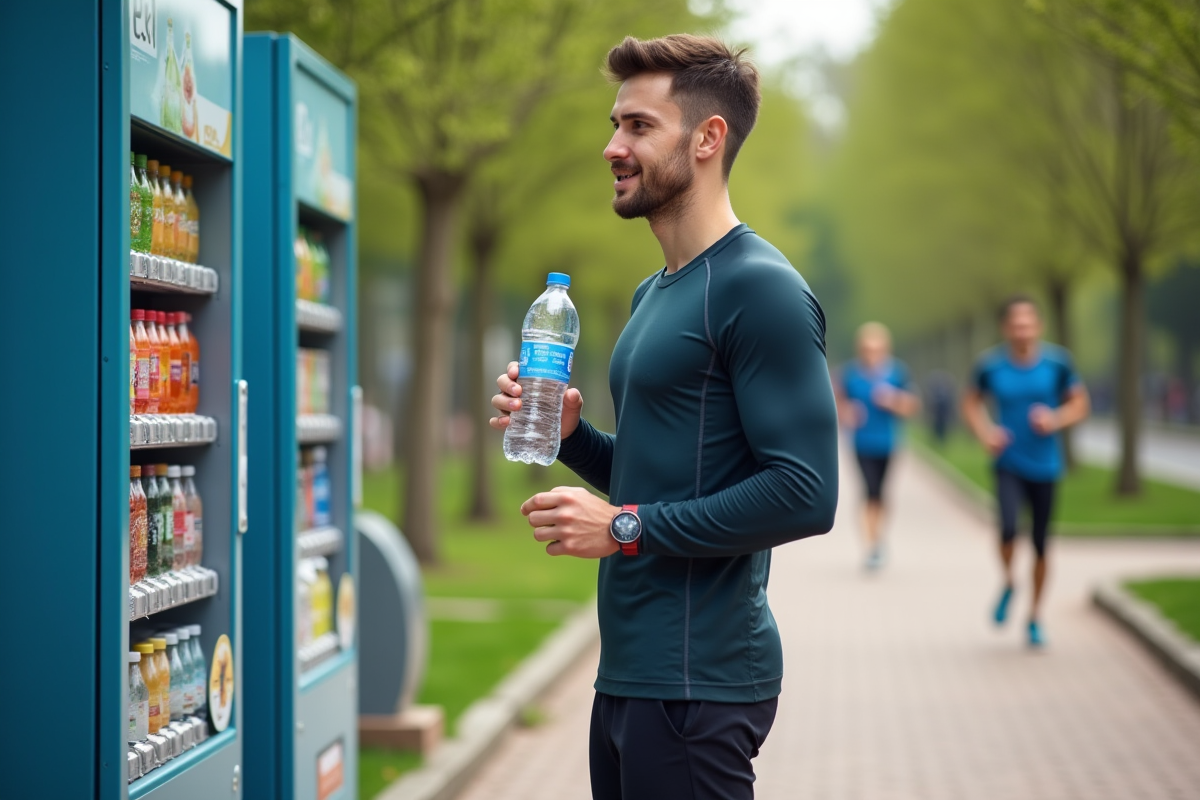 Jeune homme sportif face à un distributeur de boissons