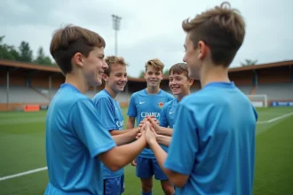 Groupe de jeunes footballeurs souriants sur le terrain