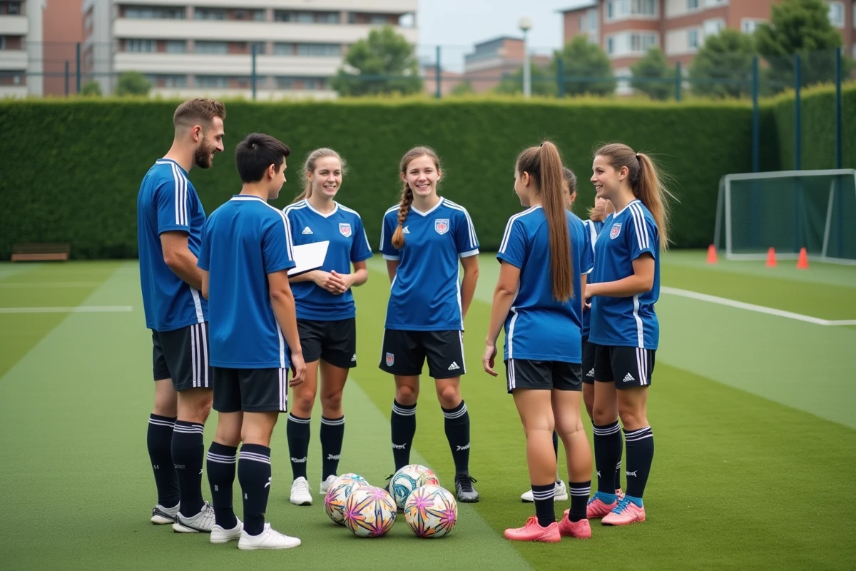 Jeunes joueurs de football avec coach sur terrain