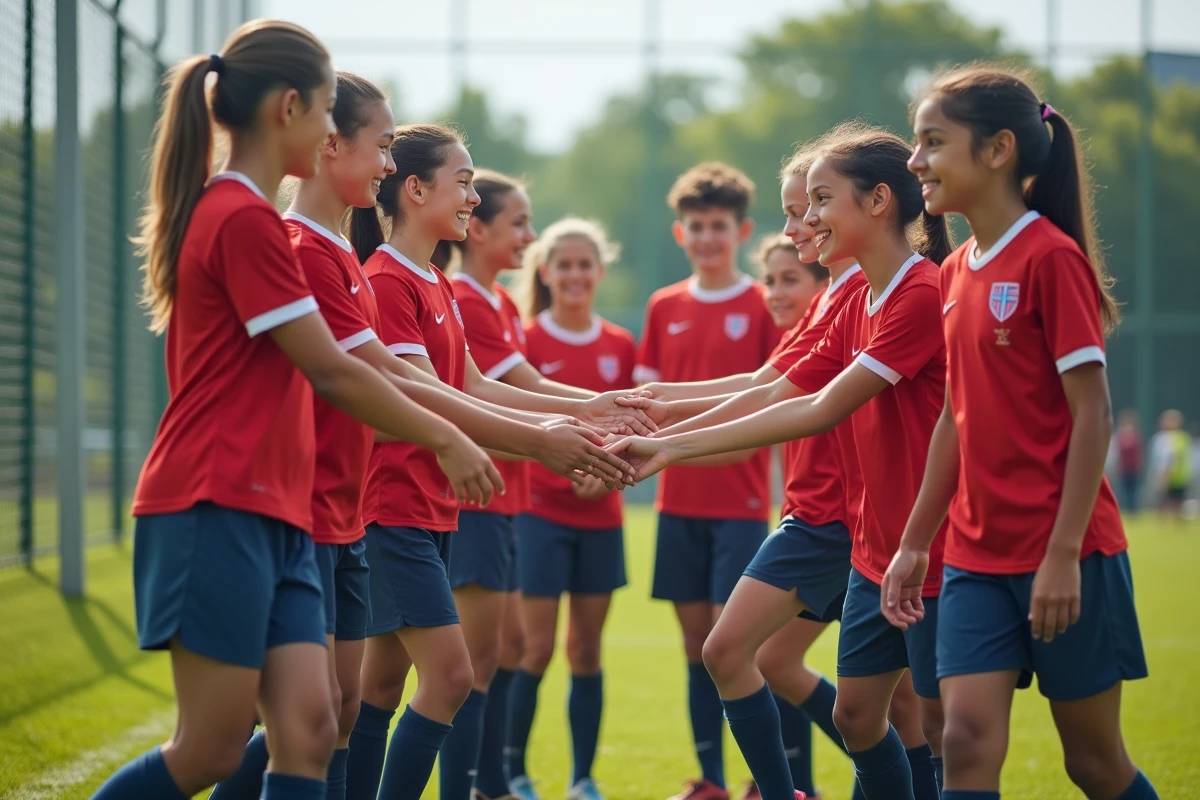 Jeunes joueurs de football se serrant la main après un match amical