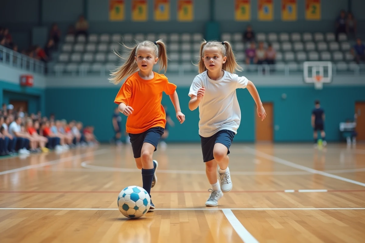 Jeune fille et garçon jouant au futsal sur un terrain intérieur dynamique