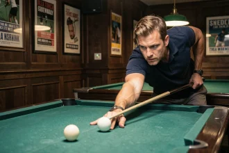 Joueur de billard à trois bandes positionnant la bille avec précision sur un tapis vert dans un club huppé, illustrant la technique de calcul des trajectoires en rotation