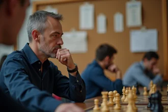 Joueur d'échecs masculin analysant un tableau de tournoi lors d'une compétition, illustrant la gestion des points P250 et la planification du calendrier