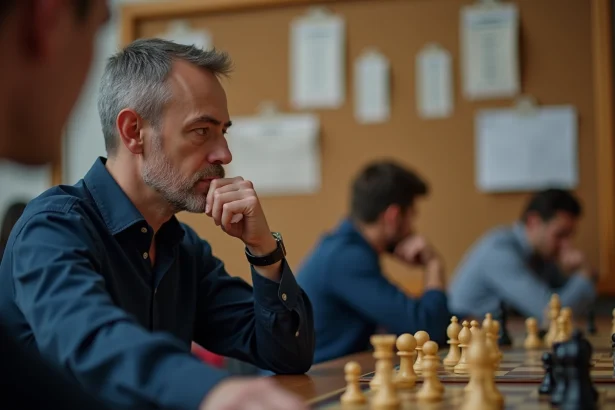 Joueur d'échecs masculin analysant un tableau de tournoi lors d'une compétition, illustrant la gestion des points P250 et la planification du calendrier