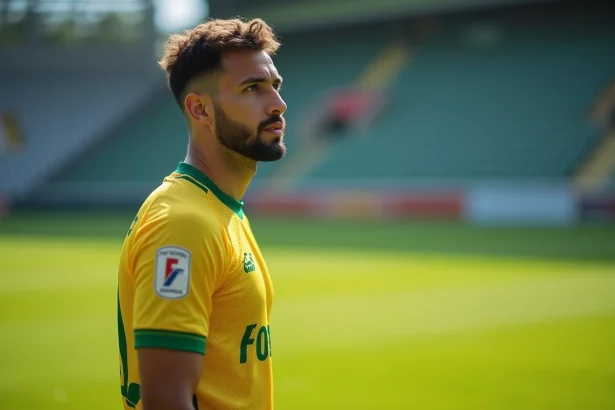 Joueur du FC Nantes en maillot jaune et vert sur la pelouse du stade, regard tourné vers l'avenir pour la saison 2026