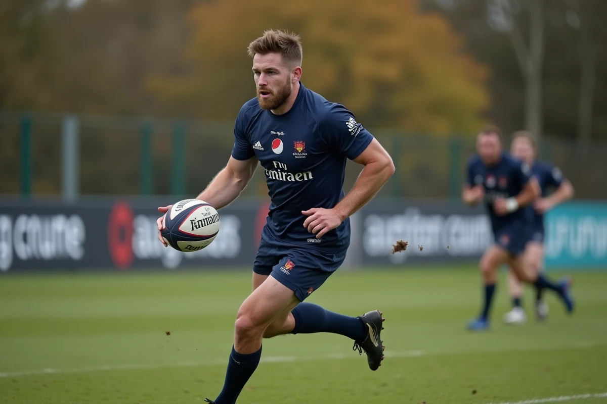 Joueur de Fédérale 2 qui perce une défense avec le ballon lors d'un match de rugby amateur