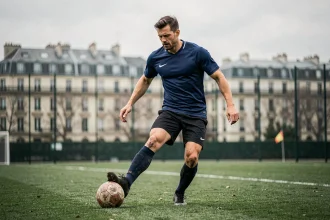 Joueur de football amateur contrôlant un ballon sur un terrain herbeux à Paris avec immeubles haussmanniens en arrière-plan