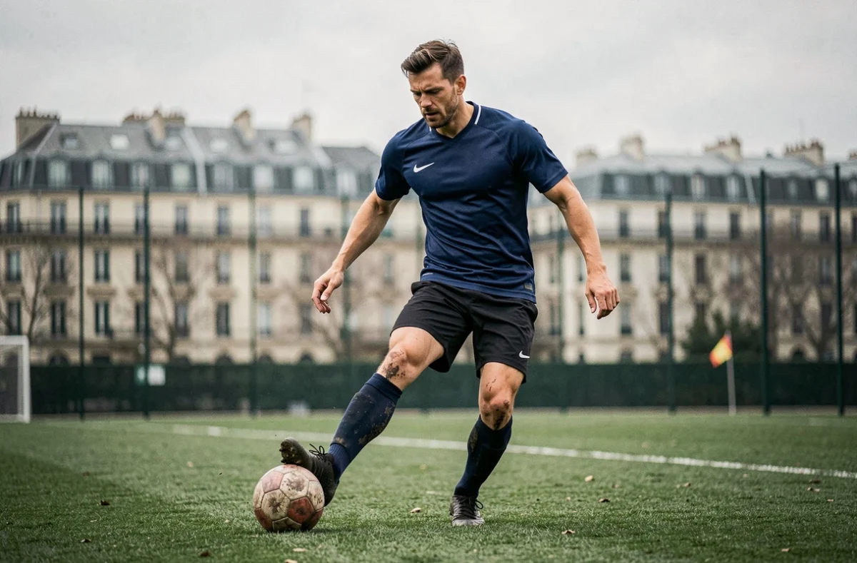 Joueur de football amateur contrôlant un ballon sur un terrain herbeux à Paris avec immeubles haussmanniens en arrière-plan