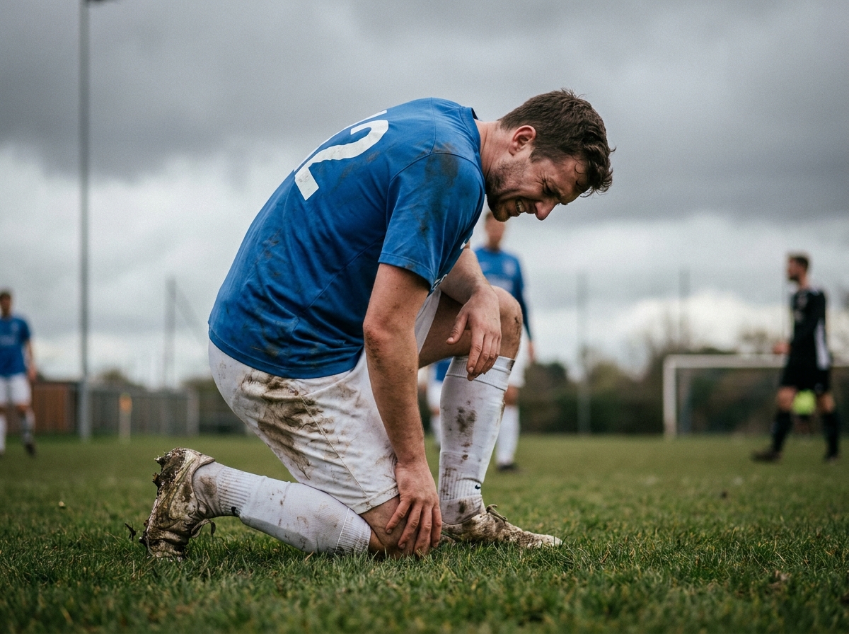 Joueur de football masculin marquant une pause sur le terrain en raison d'une douleur au genou lors d'un match sportif en plein air