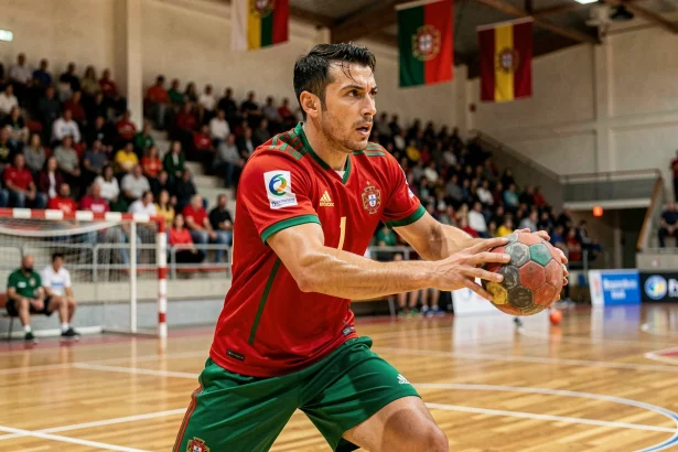 Joueur de handball portugais en pleine action lors d'un match en salle, portant un maillot rouge et vert, bras tendu pour tirer vers le but