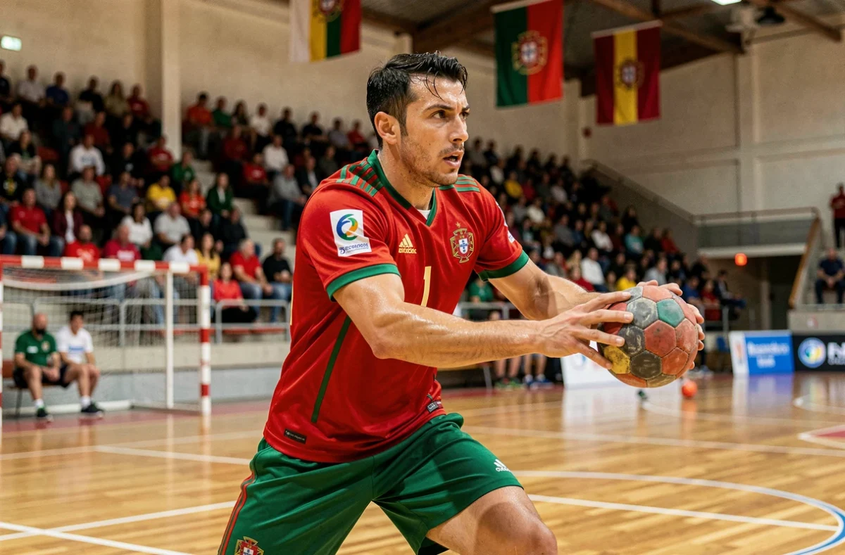 Joueur de handball portugais en pleine action lors d'un match en salle, portant un maillot rouge et vert, bras tendu pour tirer vers le but