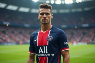 Joueur du Paris Saint-Germain en maillot officiel 2026 sur la pelouse du Parc des Princes
