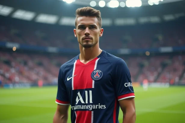 Joueur du Paris Saint-Germain en maillot officiel 2026 sur la pelouse du Parc des Princes