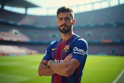 Joueur de football professionnel du PSG en tenue officielle sur la pelouse du Parc des Princes, illustrant les salaires élevés des stars parisiennes