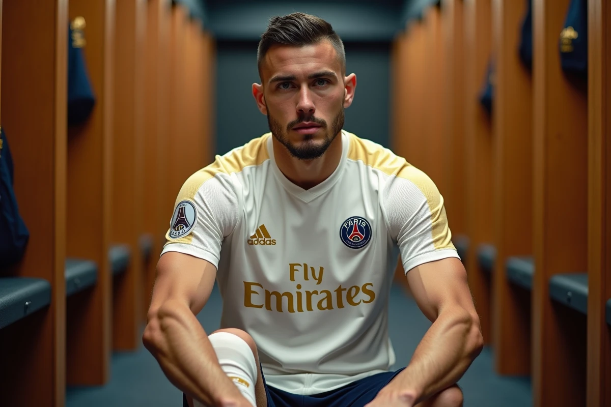Joueur du PSG dans le vestiaire en maillot extérieur avant un match de la saison 2026