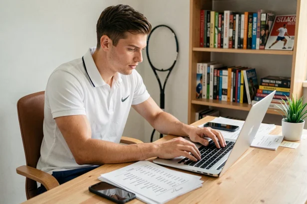 Joueur de tennis consultant une liste de codes et récompenses sur un ordinateur portable dans un bureau à domicile