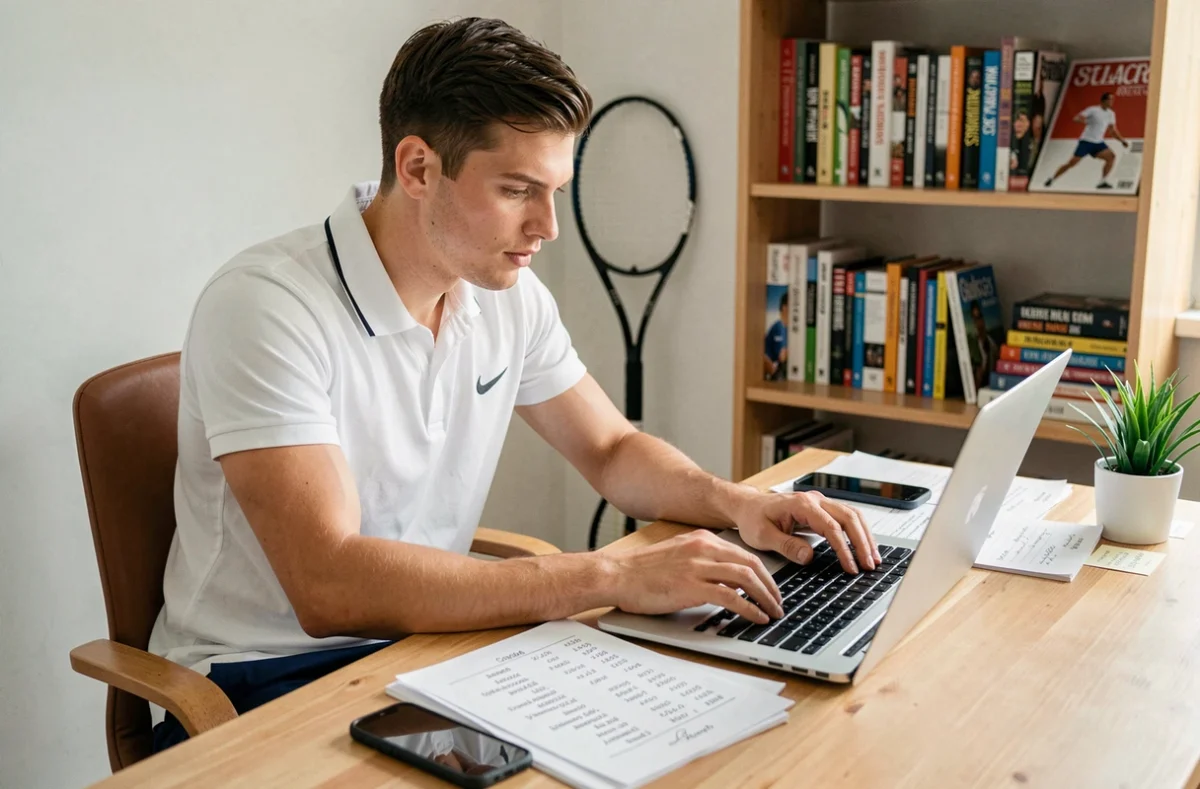 Joueur de tennis consultant une liste de codes et récompenses sur un ordinateur portable dans un bureau à domicile