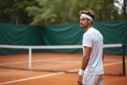 Joueur de tennis en blanc sur terre battue lors d’un match