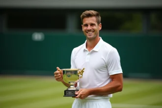 Joueur de tennis professionnel tenant le trophée de Wimbledon sur le court central en gazon, prize money 2026