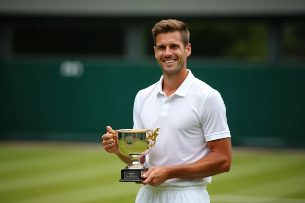Joueur de tennis professionnel tenant le trophée de Wimbledon sur le court central en gazon, prize money 2026