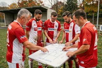 Joueurs amateurs de football du district 31 Haute-Garonne réunis autour d'un tableau tactique en bord de terrain